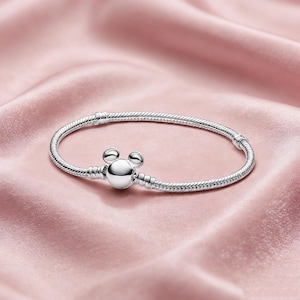 Pandora x Disney Mickey Mouse Clasp Moments Snake Chain Bracelet, ME Series Charm Bracelet, Simple Delicate Silver Bangle for Women Jewelry image 1