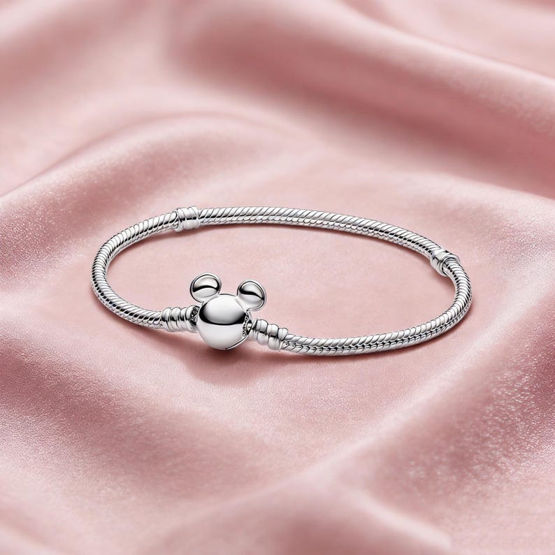 Pandora x Disney Mickey Mouse Clasp Moments Snake Chain Bracelet, ME Series Charm Bracelet, Simple Delicate Silver Bangle for Women Jewelry image 1