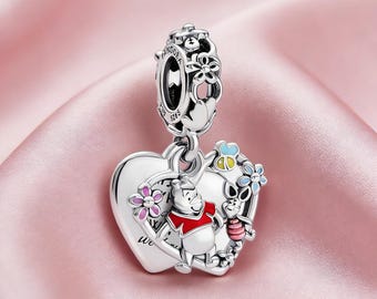 Winnie the Pooh & Piglet Double Dangle Charm,925 Sterling Silver Charm,Compatible with Pandora Bracelets,Inspired,Perfect Gifts Women
