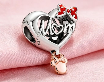 Minnie Mouse Mom Heart Charm,925 Sterling Silver Charm,Compatible with Pandora Bracelets,Inspired,Perfect Gift for Girls Women