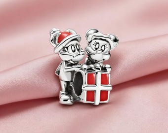 Mickey Mouse and Minnie Mouse Present Charm,925 Sterling Silver Charm,Compatible with Pandora Bracelets,Inspired,Perfect Girls Women