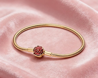 Pandora x Disney 14K Gold Plated Beauty and the Beast Enchanted Rose Snake Chain Bracelet,ME Series Charm Bracelet,Delicate Silver Bangle