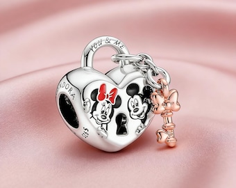 Mickey Mouse & Minnie Mouse Love and Kisses Dangle Charm,925 Sterling Silver Charm,Compatible with Pandora Bracelets,Inspired,Perfect Gift