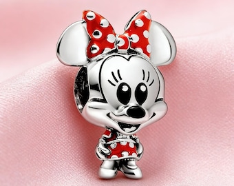 Minnie Mouse prickig klänning och rosettberlock, 925 sterlingsilverberlock, kompatibel med Pandora-armband, inspirerad, perfekt present till flickor och kvinnor