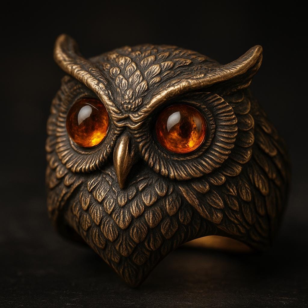 Sterling Silver Owl Ring – 925 Silver Wise Owl Jewelry – Amber Eye Nocturnal Bird Statem
