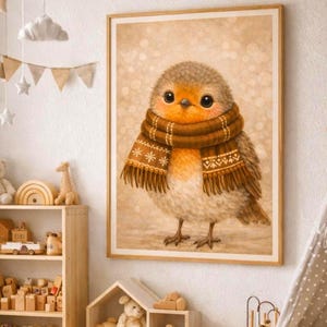 May include: A framed illustration of a bird wearing a brown scarf, displayed in a child's playroom. The room features wooden toys, a small table and chairs, a play tent, and a neutral color palette.