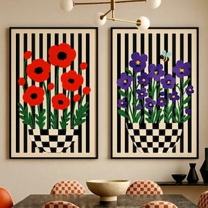 Modern Floral Duo Wall Art Set – Red Poppy & Purple Violet Prints – Bold Striped Botanical Poster Pair – Retro Flower Home Decor-