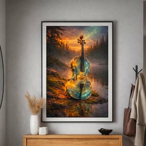 Könnte beinhalten: Ein gerahmter Kunstdruck mit einem surrealen Cello in einer Landschaft. Das Cello leuchtet mit einem himmlischen Glanz, der sich im Wasser spiegelt. Der Hintergrund zeigt einen Wald und einen Sonnenuntergang mit warmen Orange- und Gelbtönen.