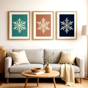 Winter Snowflake Wall Art Set – Minimalist Christmas Prints in Teal, Terracotta & Navy – Scandinavian Holiday Decor (Set of 3)