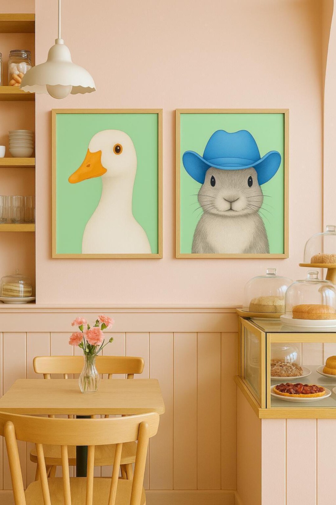 Duck & Bunny Wall Art Set – Cute Animal Portraits – Mint Green Nursery ...