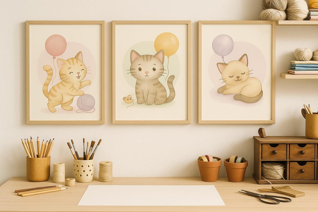 Cute Cat Wall Art Set – Three Pastel Kitten Prints With Balloons ...