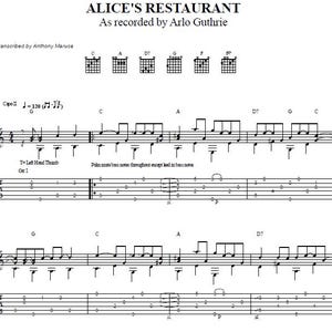 May include: Sheet music for "Alice's Restaurant" as recorded by Arlo Guthrie. The top of the page displays the title, artist, and chord diagrams. The musical notation includes guitar tablature, notes, and instructions for playing the song.