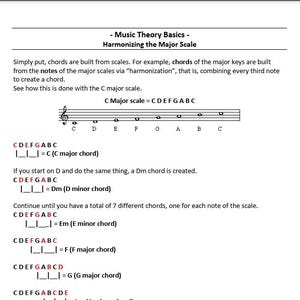 Op de afbeelding: Een document getiteld Music Theory Basics - Harmonizing the Major Scale. Het legt uit hoe akkoorden worden opgebouwd uit toonladders met de C-majeur toonladder als voorbeeld, met noten op een notenbalk en tekstschema's voor C, Dm, Em, F, G, Am en Bdim akkoorden.