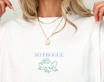 Maglietta divertente con rana, T-shirt SO FROGUE, rana disegnata a mano, regalo per amanti delle rane, 100% cotone morbido, maglietta grafica con umorismo irriverente e sfacciato