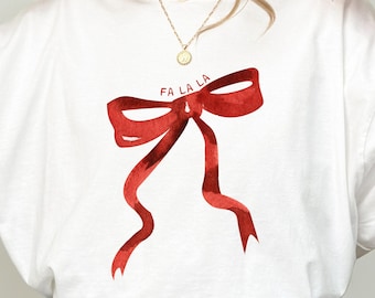 Maglietta Fa La La, maglietta allegra, maglietta in morbido cotone, maglietta con fiocco, maglietta minimalista festiva
