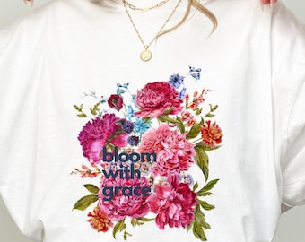 Maglietta vintage con fiori di peonia, Bloom With Grace, maglietta da giardino botanico, maglietta per amanti della natura floreale, regalo chic per il giardino estivo, regalo Cottagecore