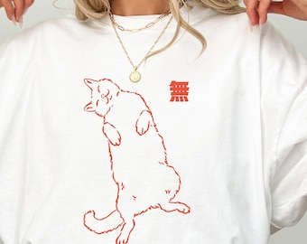 Maglietta con gatto giapponese, maglietta in cotone per donna, regalo per amanti dei gatti, maglietta grafica minimalista