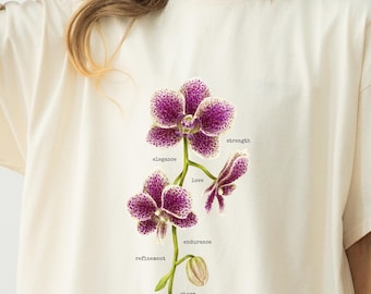 Maglietta con fiori di orchidea, maglietta con grafica floreale, stampa floreale boho, regalo per gli amanti dei fiori, maglietta per gli amanti dei fiori da giardino, maglietta con pianta di orchidea botanica