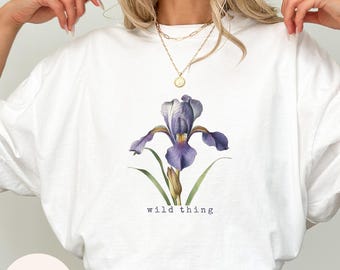 Maglietta con fiori di iris, maglietta botanica, maglietta in morbido cotone, regalo Cottagecore