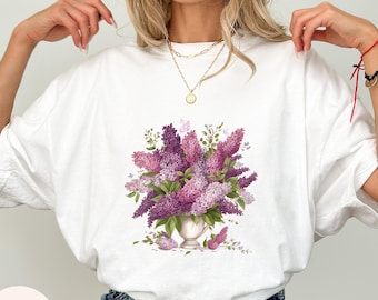 Maglietta con motivo botanico lilla, regalo Cottagecore, maglietta con fiori viola, regalo per gli amanti della natura floreale, giardino botanico