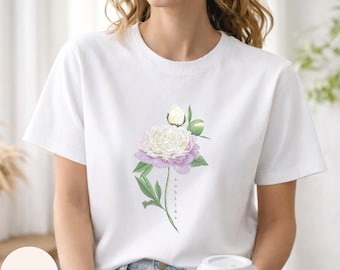 Maglietta Sublime Peony, maglietta in morbido cotone, regalo per lei, damigella d'onore, regalo di arte botanica, maglietta serigrafata, regali Cottagecore