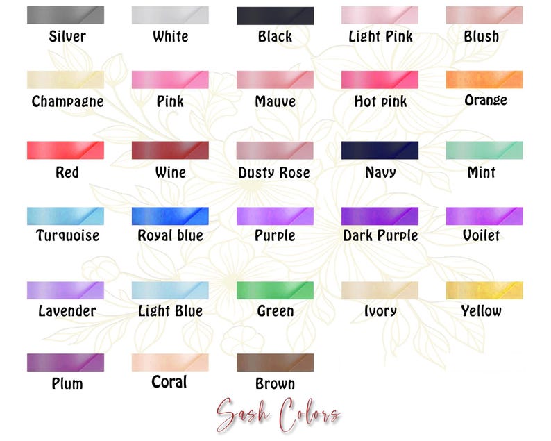 Op de afbeelding: Een kleurenkaart met een verscheidenheid aan sjerpkleuren. De kaart bevat tinten zoals zilver, wit, zwart, lichtroze, blush, champagne, roze, mauve, felroze, oranje, rood, wijn, stoffige roos, marine, mint, turquoise, koningsblauw, paars, donkerpaars, violet, lavendel, lichtblauw, groen, ivoor, geel, pruim, koraal en bruin.