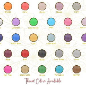 Op de afbeelding: Een kleurenkaart met een verscheidenheid aan draadkleuren, waaronder oranje, koraal, blush, mauve, ivoor, wit, lavendel, limoengroen, aqua, roze en oudroze. De tekst "Thread Colors Available" staat onderaan.