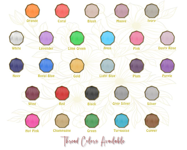 Op de afbeelding: Een kleurenkaart met een verscheidenheid aan draadkleuren, waaronder oranje, koraal, blush, mauve, ivoor, wit, lavendel, limoengroen, aqua, roze en oudroze. De tekst "Thread Colors Available" staat onderaan.