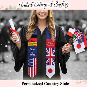 May include: A graduation stole featuring the Union Jack flag and the text "Angela Hampton". The stole also has the American flag design, the text "First Generation Graduate" and "Class of 2026". The image also shows a scroll and flags.