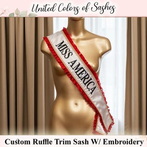 Custom Embroidery Lace Sash, Personalized Ruffle Border Sash, Bridesmaid Sash, Custom Sash, Pageant Sash, Miss America Sash, Rhinestone Sash