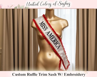 Custom Embroidery Lace Sash, Personalized Ruffle Border Sash, Bridesmaid Sash, Custom Sash, Pageant Sash, Miss America Sash, Rhinestone Sash