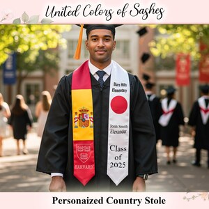 May include: A graduation stole with the text "United Colors of Sashes" and "Personalized Country Stole". The stole is worn by a person in a graduation gown. One side is red and yellow with a Spanish coat of arms and "Harvard" text. The other side is white with a red circle and text.