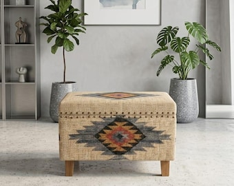 Banco baú de madeira artesanal com estofamento em juta | Puff baú estilo boho | Banco rústico para hall de entrada