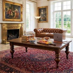 Op de afbeelding: Een luxe woonkamer met een grote, donkere houten salontafel met gedraaide poten, een bruine leren bank en een laptop. De kamer heeft een patroonkleed, kunstwerken en een open haard, wat een klassieke, elegante sfeer creëert.