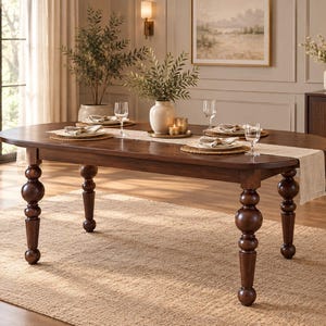 Table de salle à manger en teck massif, table de cuisine ovale artisanale, table de ferme à pieds tournés, mobilier de salle à manger sur mesure