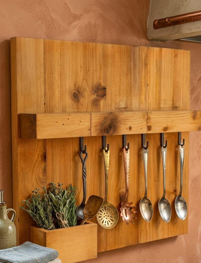 Hanging Kitchen Rack Rack Rustic Wooden Kitchen Wall Rack With Hooks, Farmhouse Utensil Holder ...