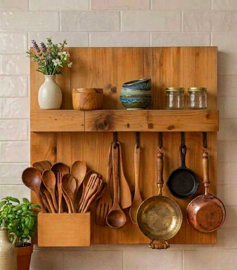 Hanging Kitchen Rack Rack Rustic Wooden Kitchen Wall Rack With Hooks, Farmhouse Utensil Holder ...
