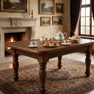以下が含まれることがあります： お茶の準備が整った、濃い茶色の木製ダイニングテーブル。テーブルには、花柄のティーポット、カップ、ソーサー、ペストリー、パンが飾られています。部屋には暖炉、絵画、模様入りのラグがあります。