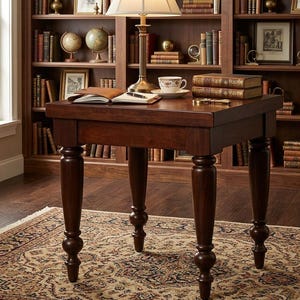 Può includere: Una scrivania in legno marrone scuro con gambe tornite, una lampada e libri. La scrivania ha un piano rettangolare ed è posizionata su un tappeto fantasia. Una tazza da tè e un piattino sono sulla scrivania, insieme a un taccuino aperto e una penna.