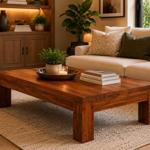 Könnte beinhalten: Ein rechteckiger Couchtisch aus dunkelbraunem Holz mit einer glatten, flachen Oberfläche und vier dicken, stabilen Beinen. Der Tisch steht in einem Wohnbereich und trägt ein dunkles, rundes Tablett mit einer kleinen grünen Pflanze und einer Kerze.