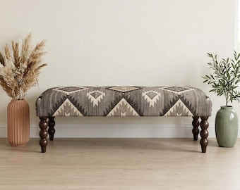 Handcrafted Wooden Bench with Wool Jute Upholstery | Rustic Tribal Pattern Upholstered Bench | Living Room Entryway Seating
