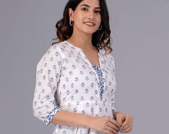 Floral Cotton Tunic Top, White and Blue Peplum Blouse