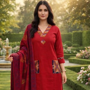 May include: A red salwar kameez outfit with a V-neck and embroidered details, paired with matching trousers and a patterned shawl. The outfit has decorative pockets and cuffs. The woman is in a garden setting.