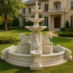 Decorative marble fountain with horses – outdoor water feature – luxury decor for lawn & villa | water feature | luxury gift | home décor