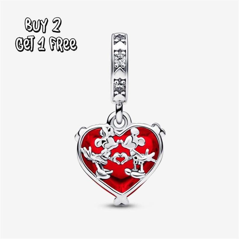 Mickey & Minnie Mouse Kiss Red Murano Glass Dangle Charm, 925 sterling silver, exquisite bracelet charm, a beautiful gift for a girl. image 1