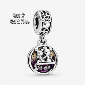 Pingente da sorte Disney Mickey e Minnie, prata de lei 925, um requintado berloque para pulseira, um lindo presente para uma menina.
