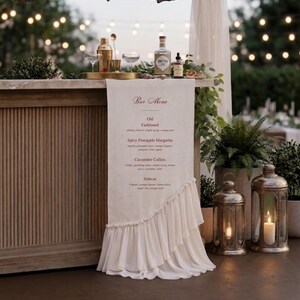 Custom Fabric Bar Sign Wedding Drink Menu Ruffled Sheer Chiffon Canvas Drape Banner Signature Cocktails Boho Decor