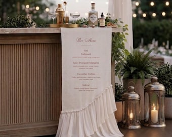 Placa de bar personalizada em tecido, menu de bebidas para casamento, banner com babados em chiffon transparente, decoração boho para coquetéis exclusivos.