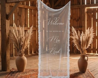 Personalized Sheer Tulle Wedding Welcome Sign: Lace Trim, Modern Romantic Banner