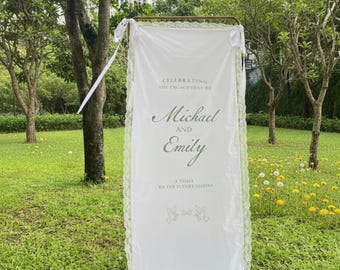 Lace Wedding Welcome Sign, Custom Linen Fabric Banner